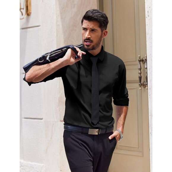 Coofandy Men Solid Black Long Sleeve Button Down Regular Fit Business Shirt - Picture 4 of 6